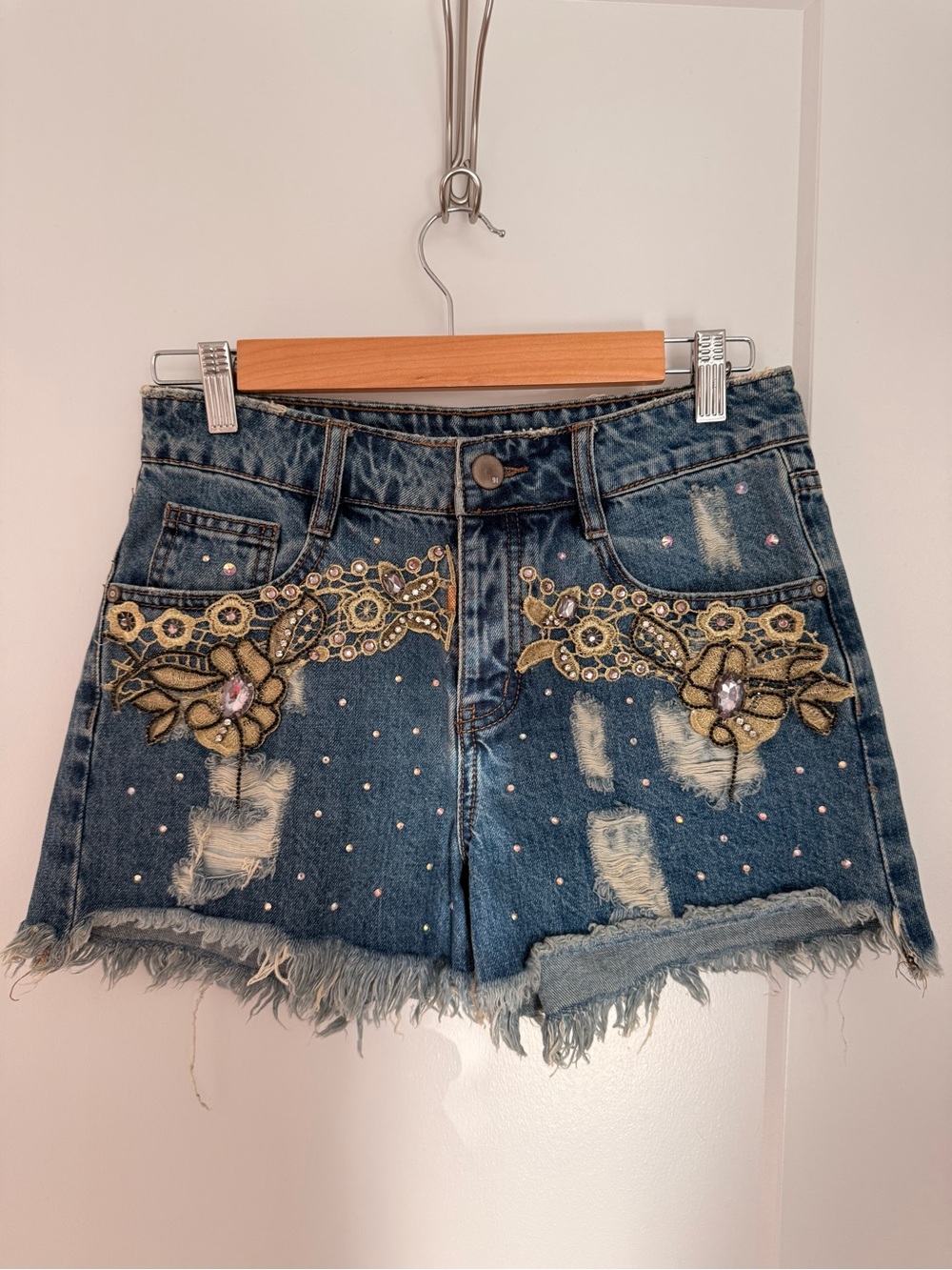 Women's Blue Denim Shorts with Gold Floral Appliqué
